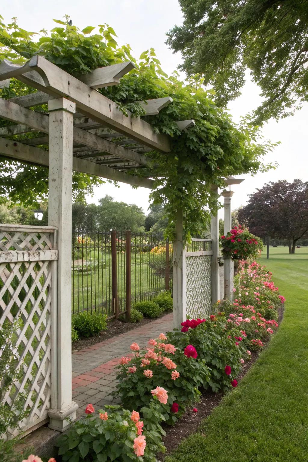 Pergola-style tops add elegance and functionality to garden fences.
