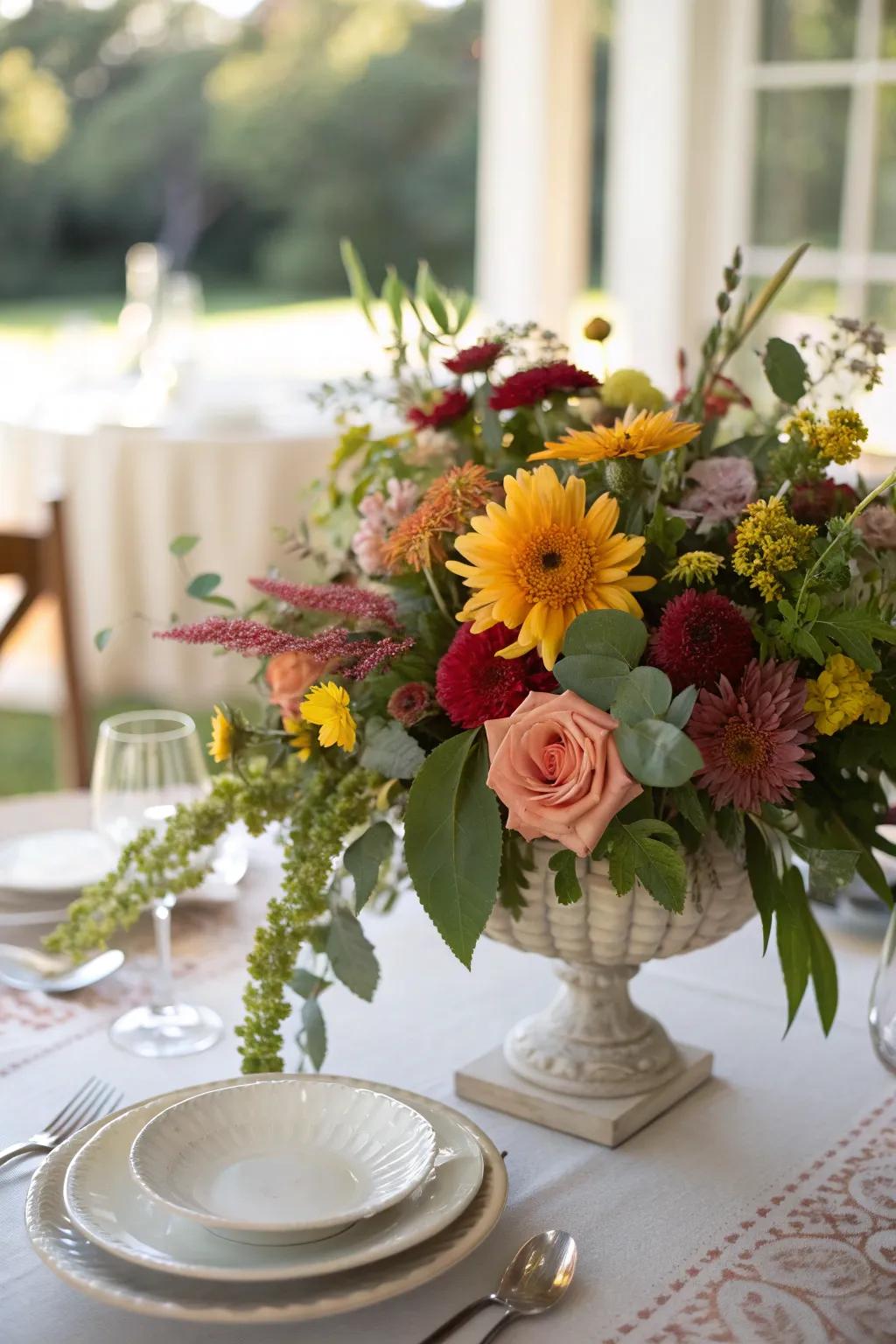 A vibrant floral arrangement adding a splash of color to the garden dinner table.