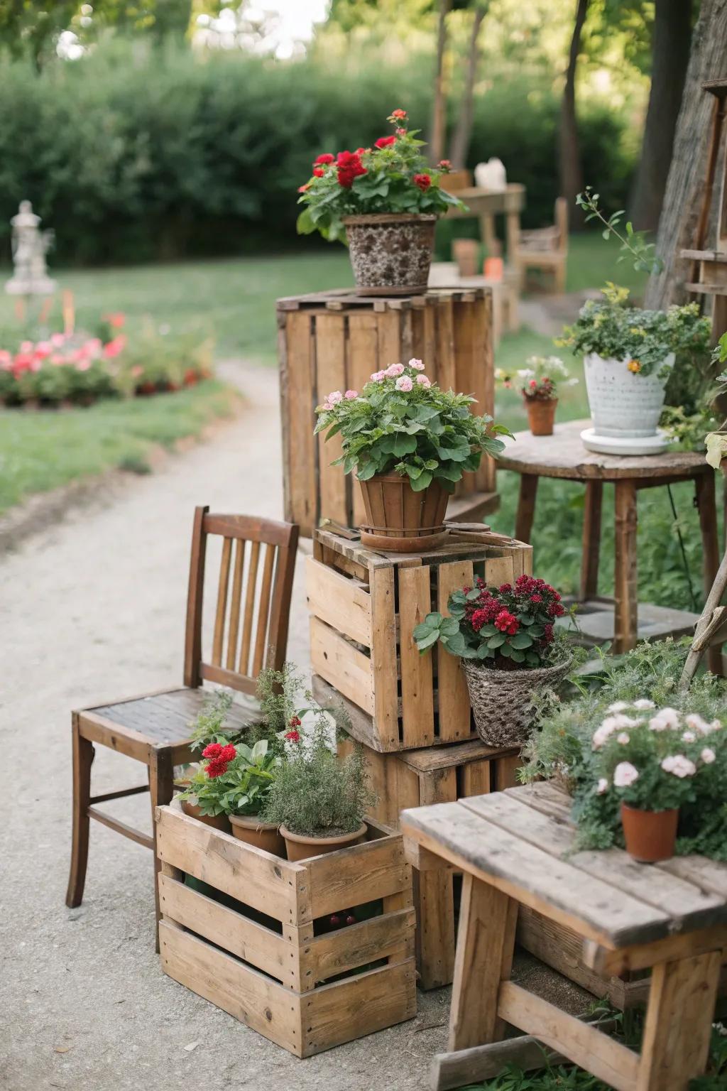 A rustic-themed garden display with charming wooden elements.