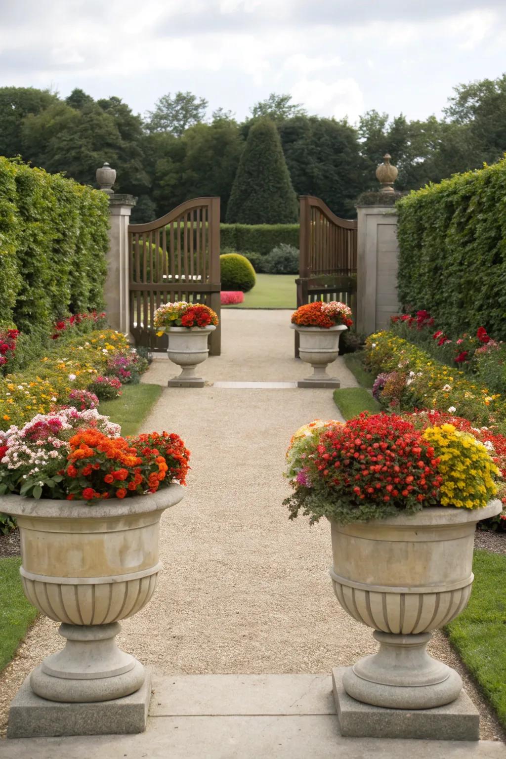 Symmetrical plantings provide a balanced and welcoming entrance.