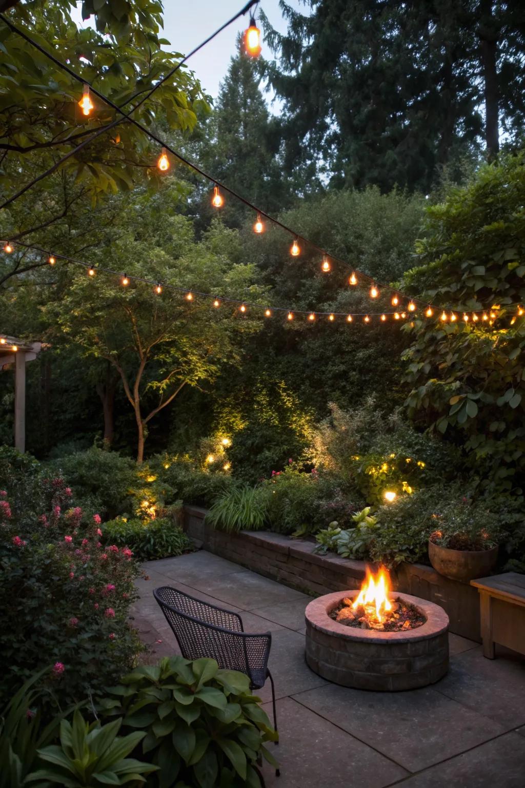 String lights add a magical touch to the fire pit area.