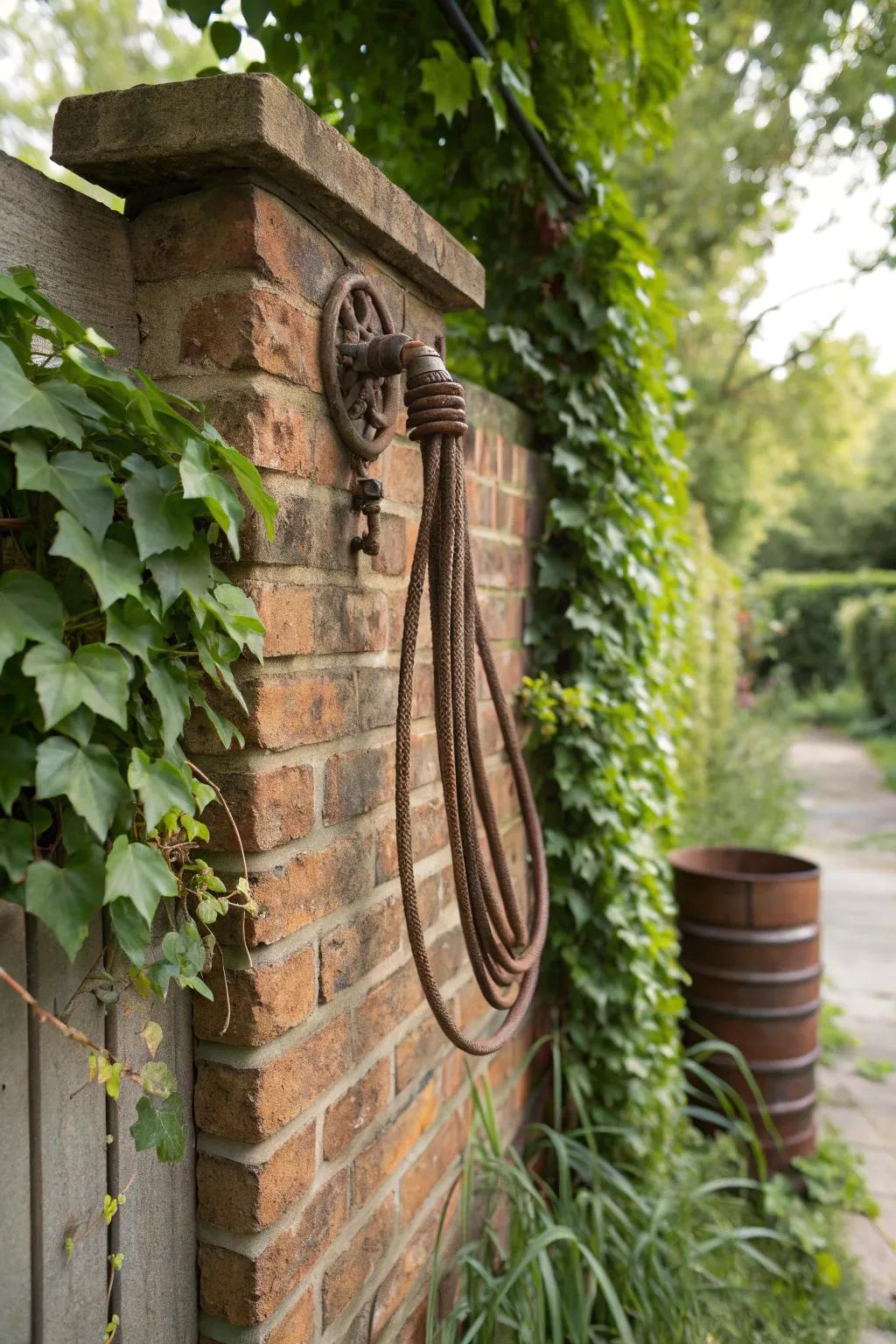 Vintage hose hangers bring nostalgic charm to your garden.