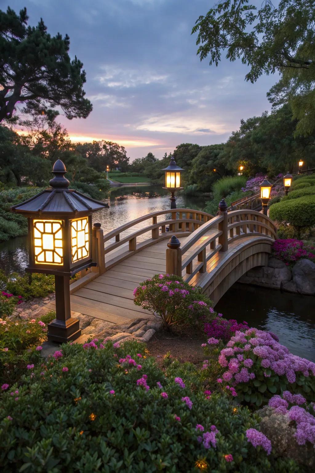 Decorative lanterns illuminate a garden bridge at dusk.