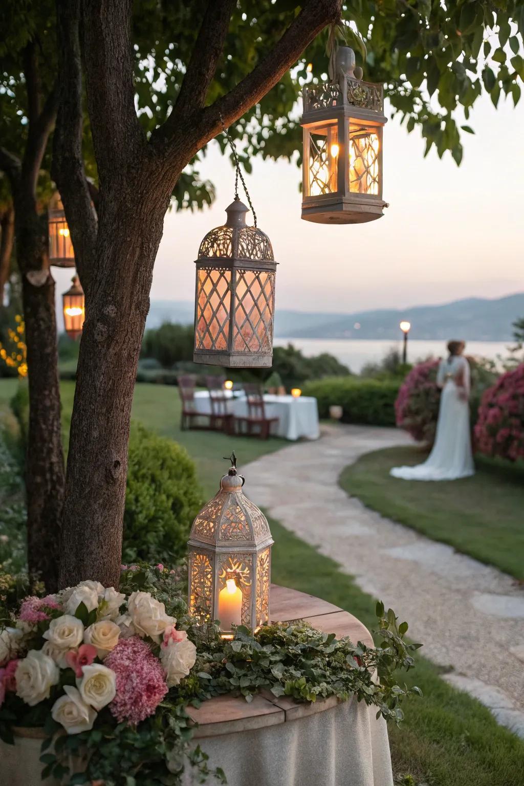 Decorative lanterns adding charm and light to a garden corner.