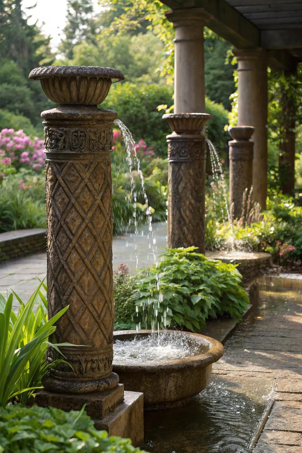 Water feature pillars create a soothing atmosphere in any garden.