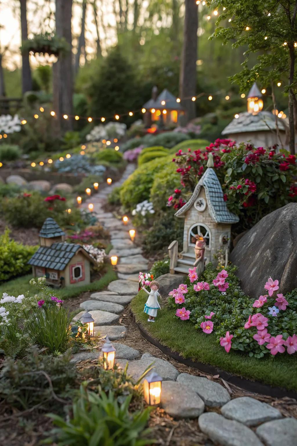 An enchanting fairy garden with miniature houses and figurines nestled among plants.