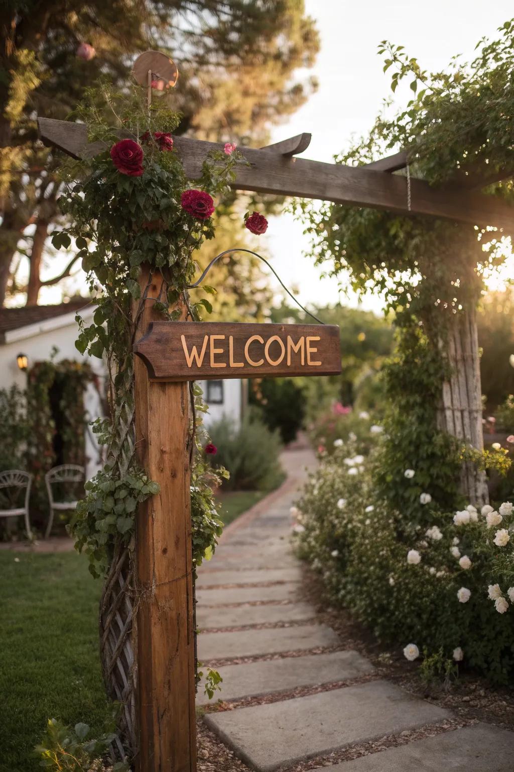 Greet your guests with a warm welcome sign in your garden.