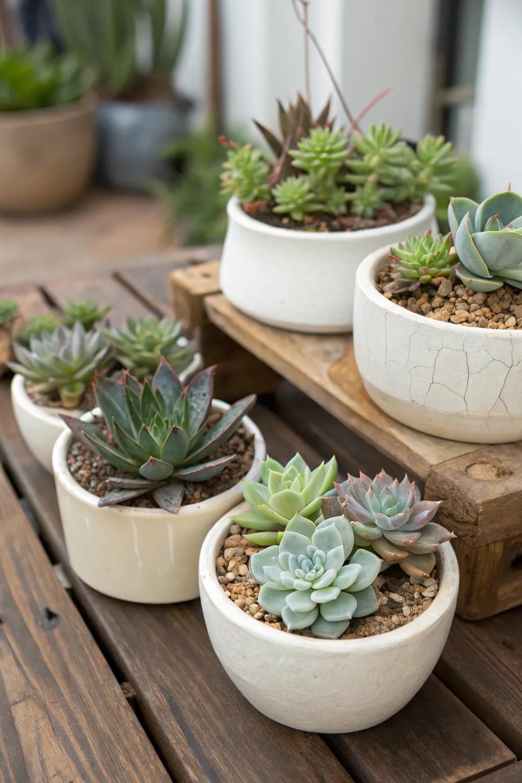 Succulents in pottery offer a chic and easy-care garden feature.