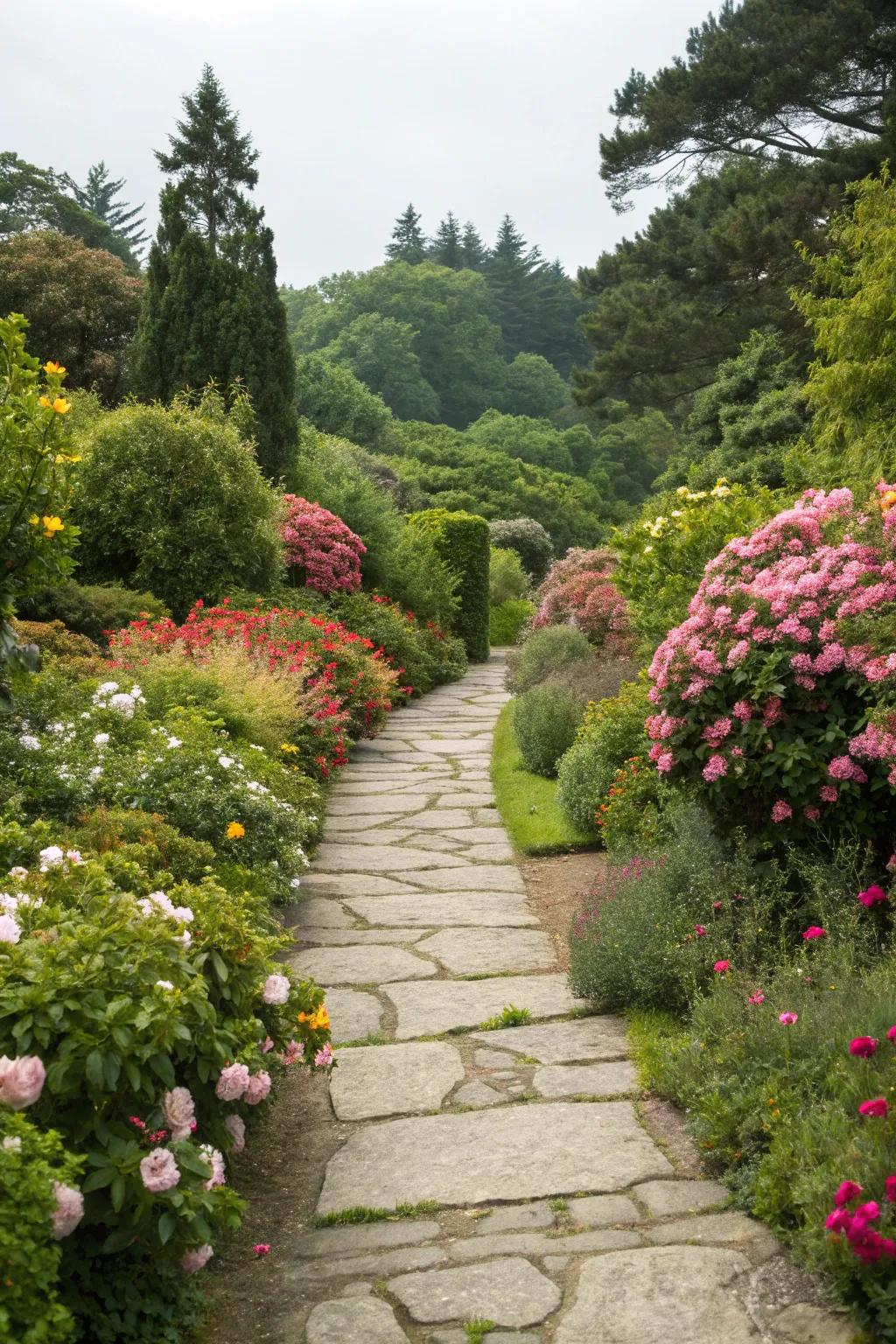 A winding stone pathway through a lush garden.