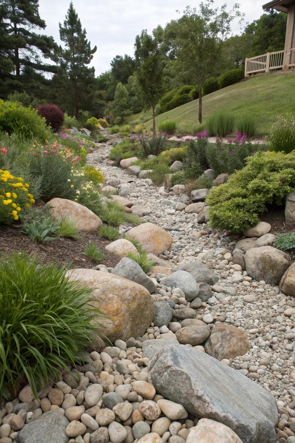 A dry river bed creates a stunning natural feature in gardens.
