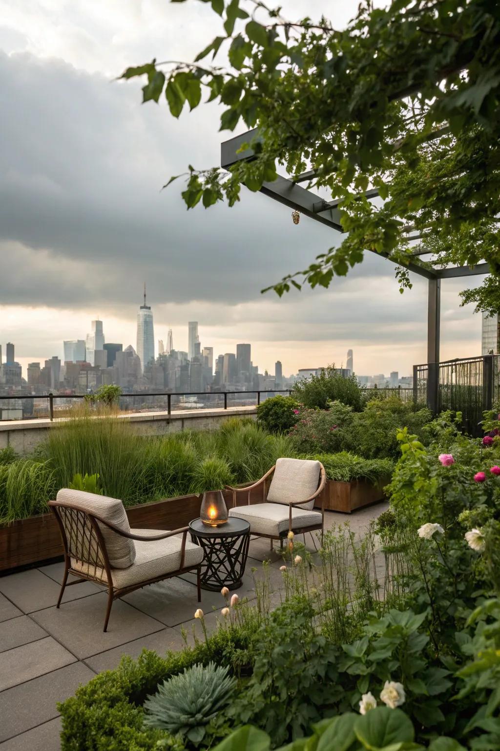 A rooftop garden perfectly framing the urban skyline.