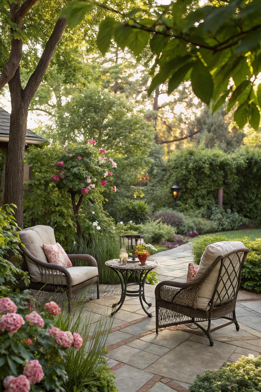A garden seating area enveloped in vibrant greenery.