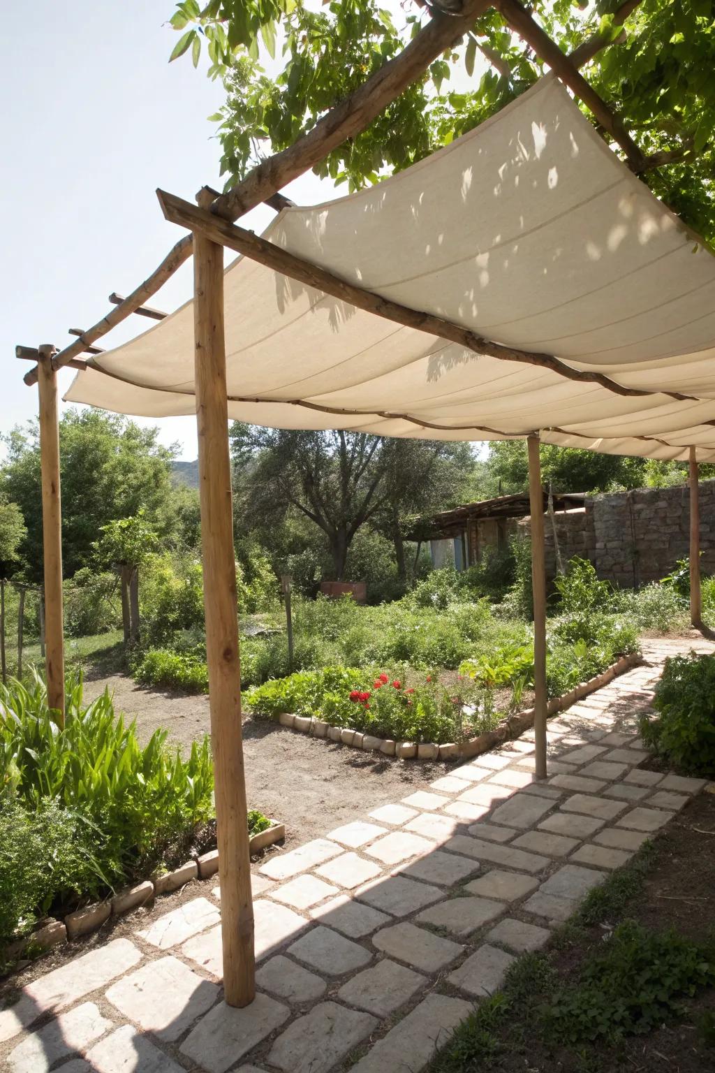 A creative DIY shade structure in a garden.