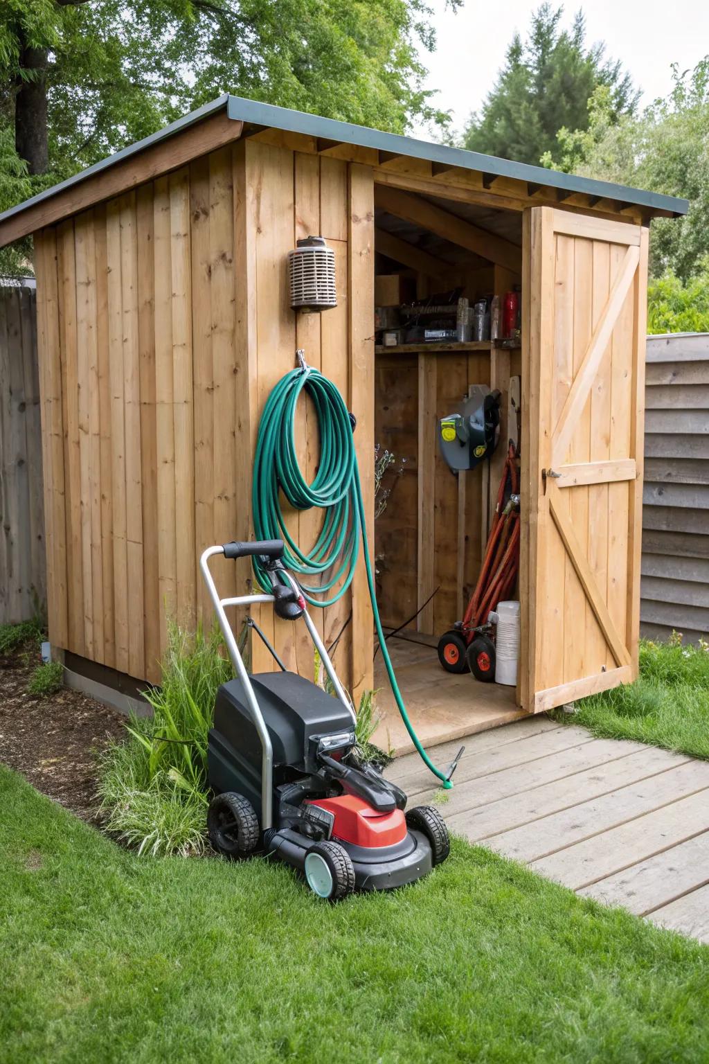 Efficiently store larger equipment to keep your shed organized and accessible.