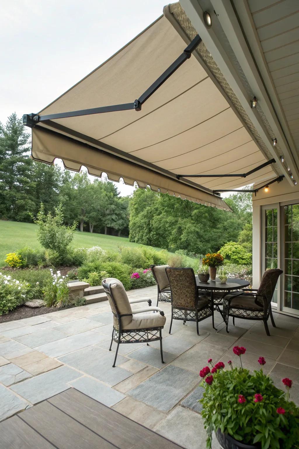 Retractable awnings provide versatile protection from the elements.