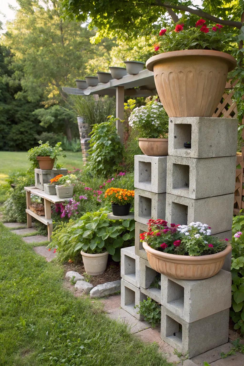 Industrial chic with cinder block shelves.