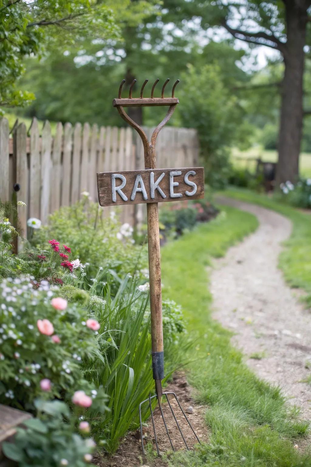 An old rake is transformed into a rustic garden sign.