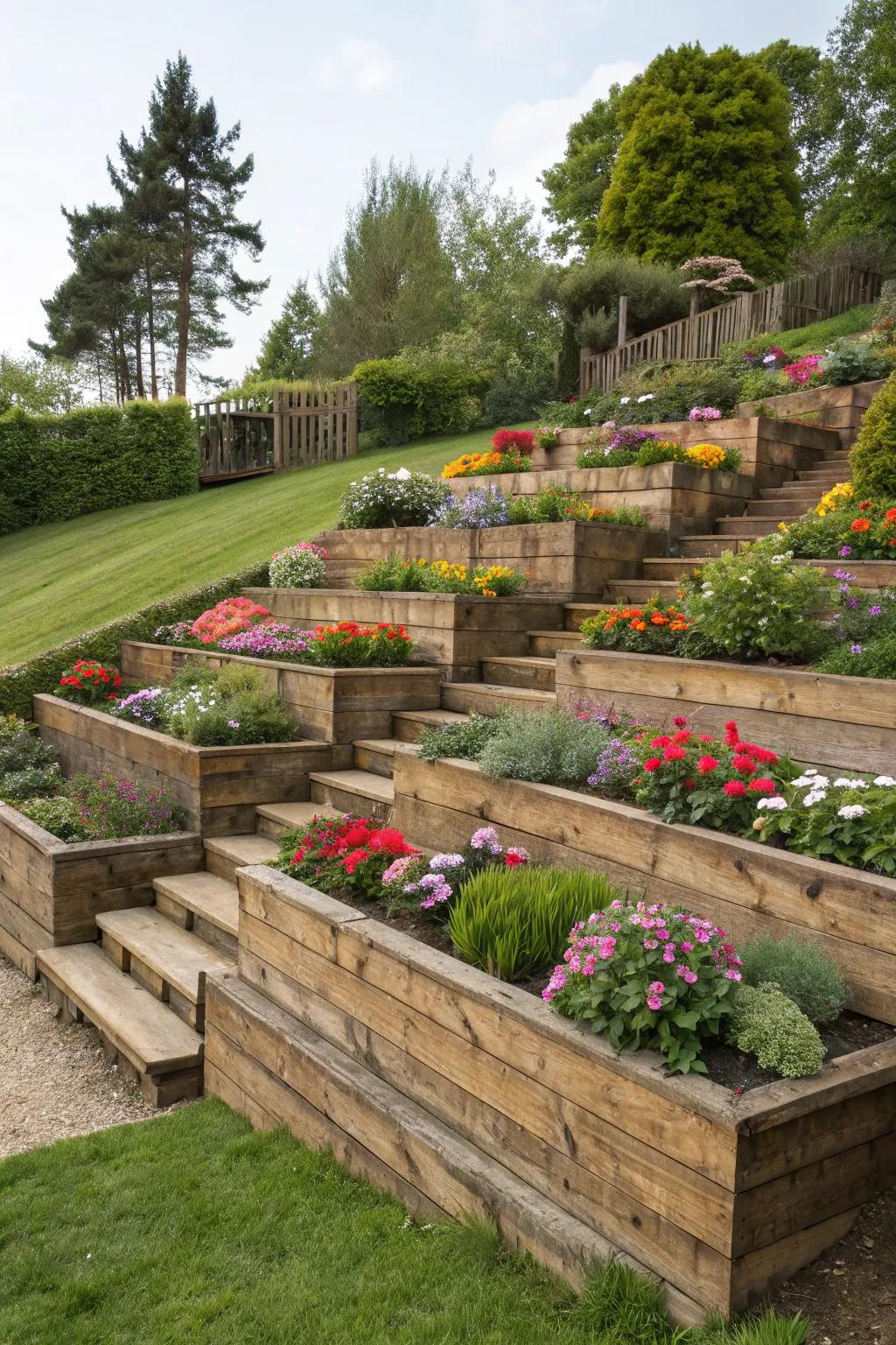 A beautifully terraced garden using sleepers for structure.