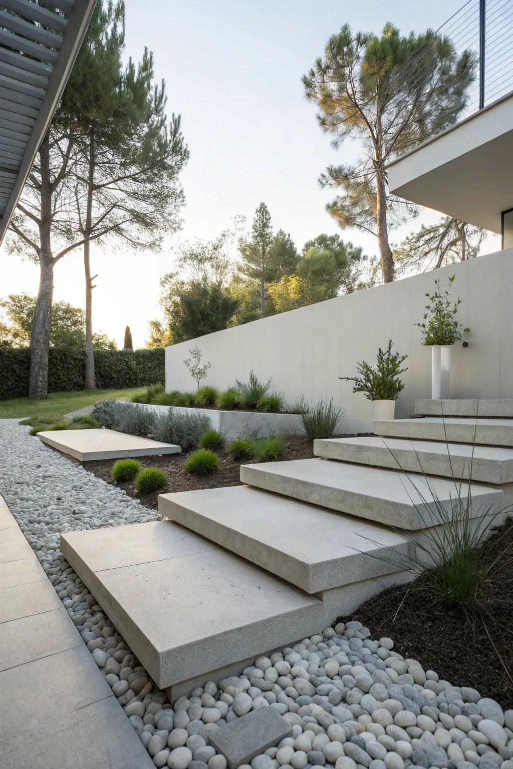 Modern floating stone steps adding a sleek touch to the garden.