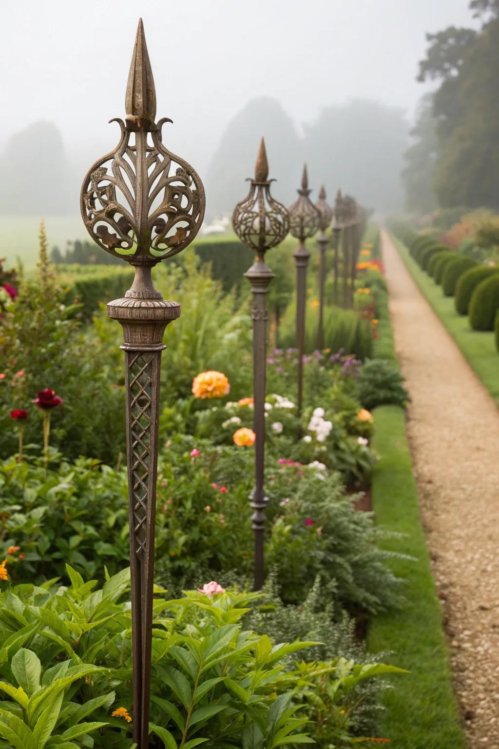 Sophisticated metal garden stakes serving as art pieces among flowers.