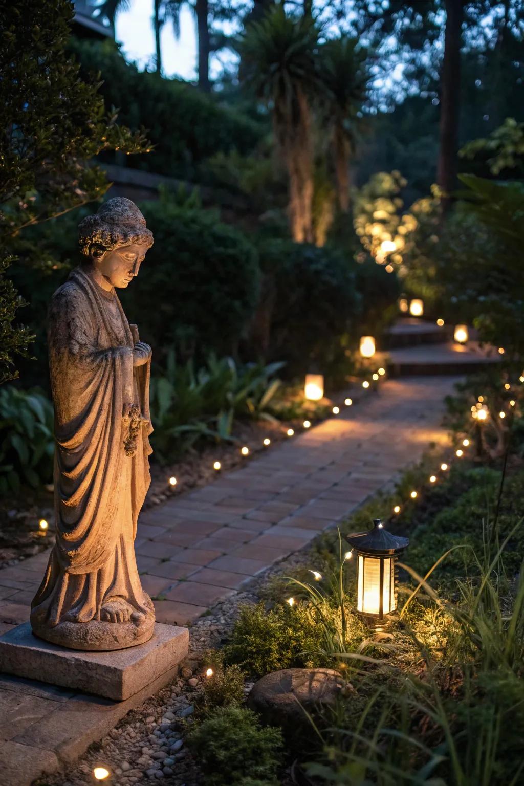 Lighted statues create a magical garden ambiance after dark.