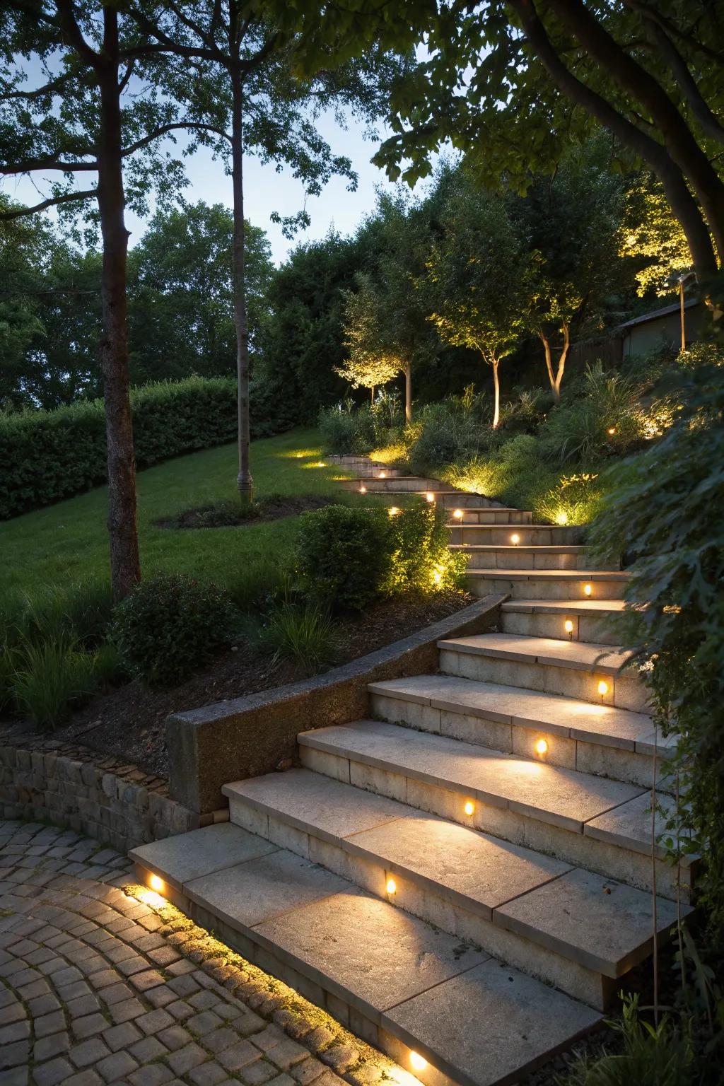 Lighting transforms steps into a nighttime feature.