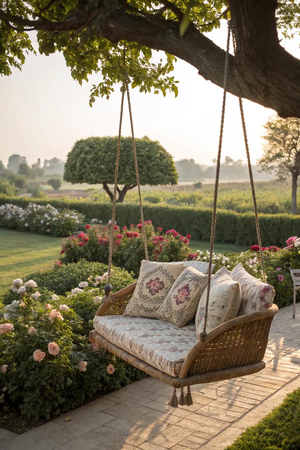 Wicker swings offer elegance and comfort in any garden setting.