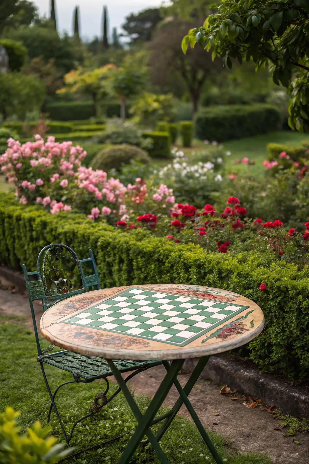 A playful checkerboard tabletop, ideal for game lovers.