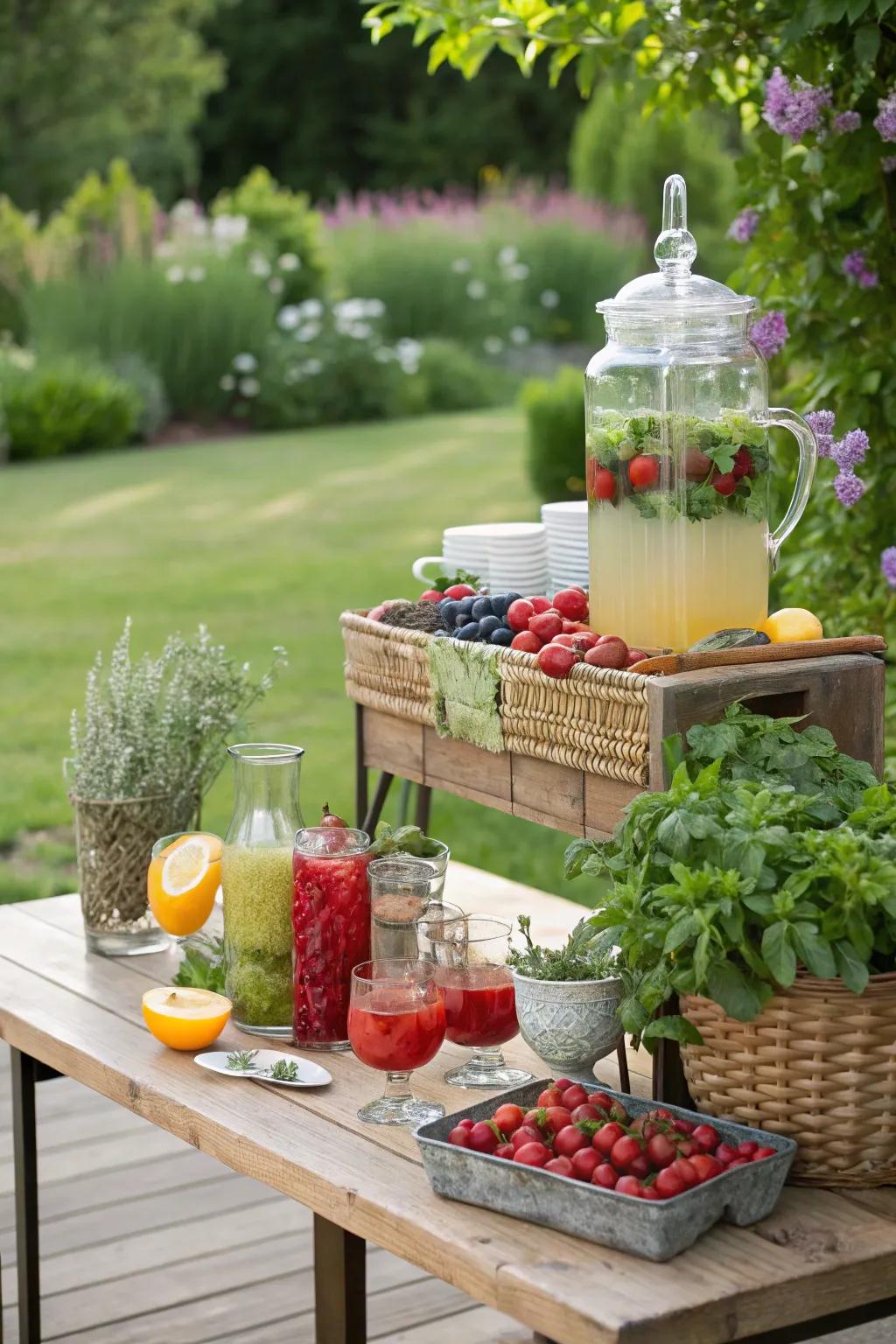 A signature drink station with fresh herbs and fruits enhances the garden party.