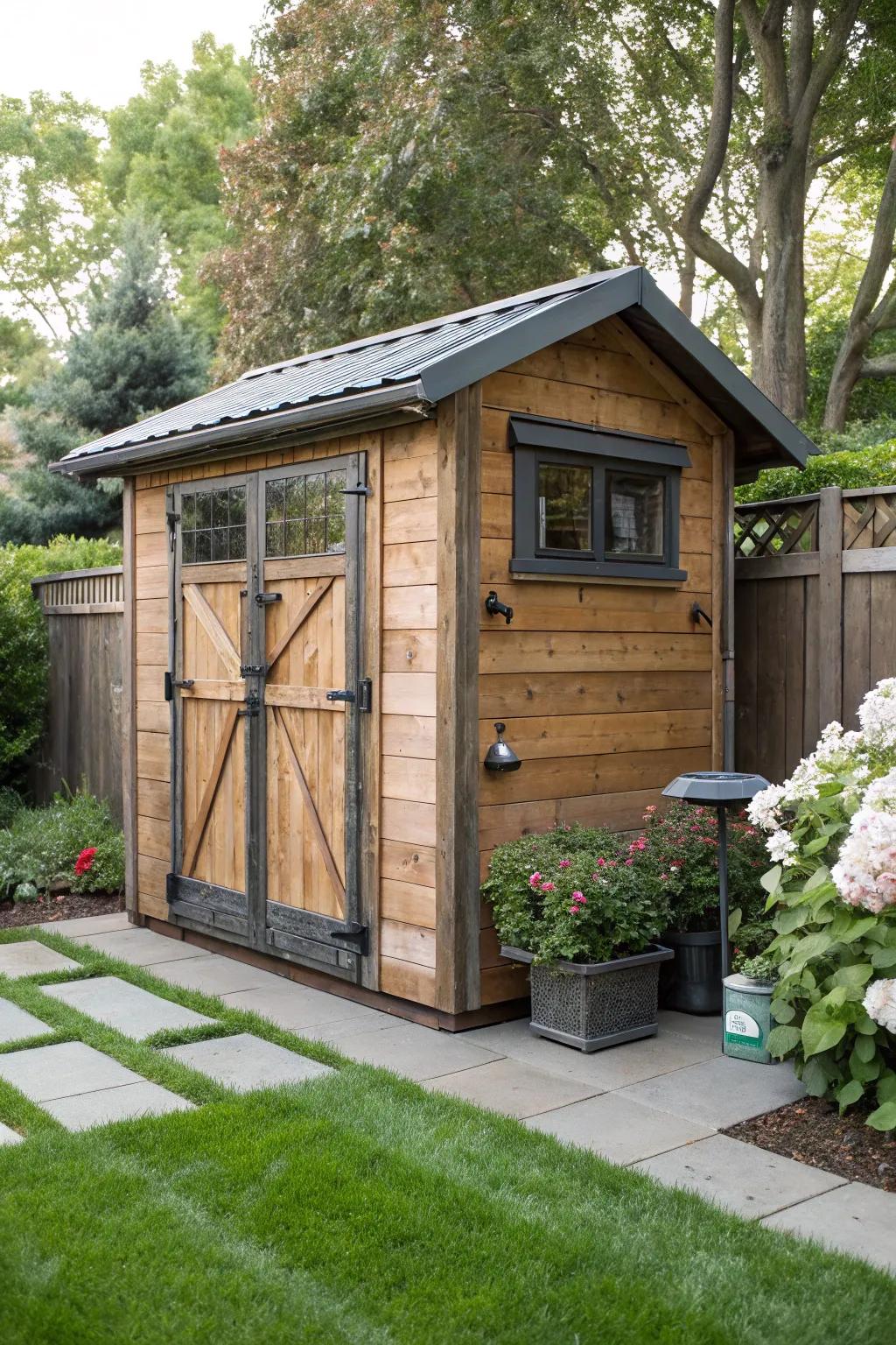 A garden tool shed with a blend of rustic and modern styles.
