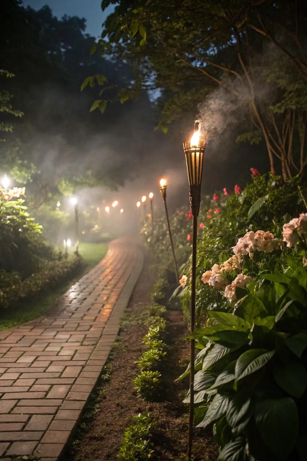 Illuminate garden paths with torches for a magical evening walk.