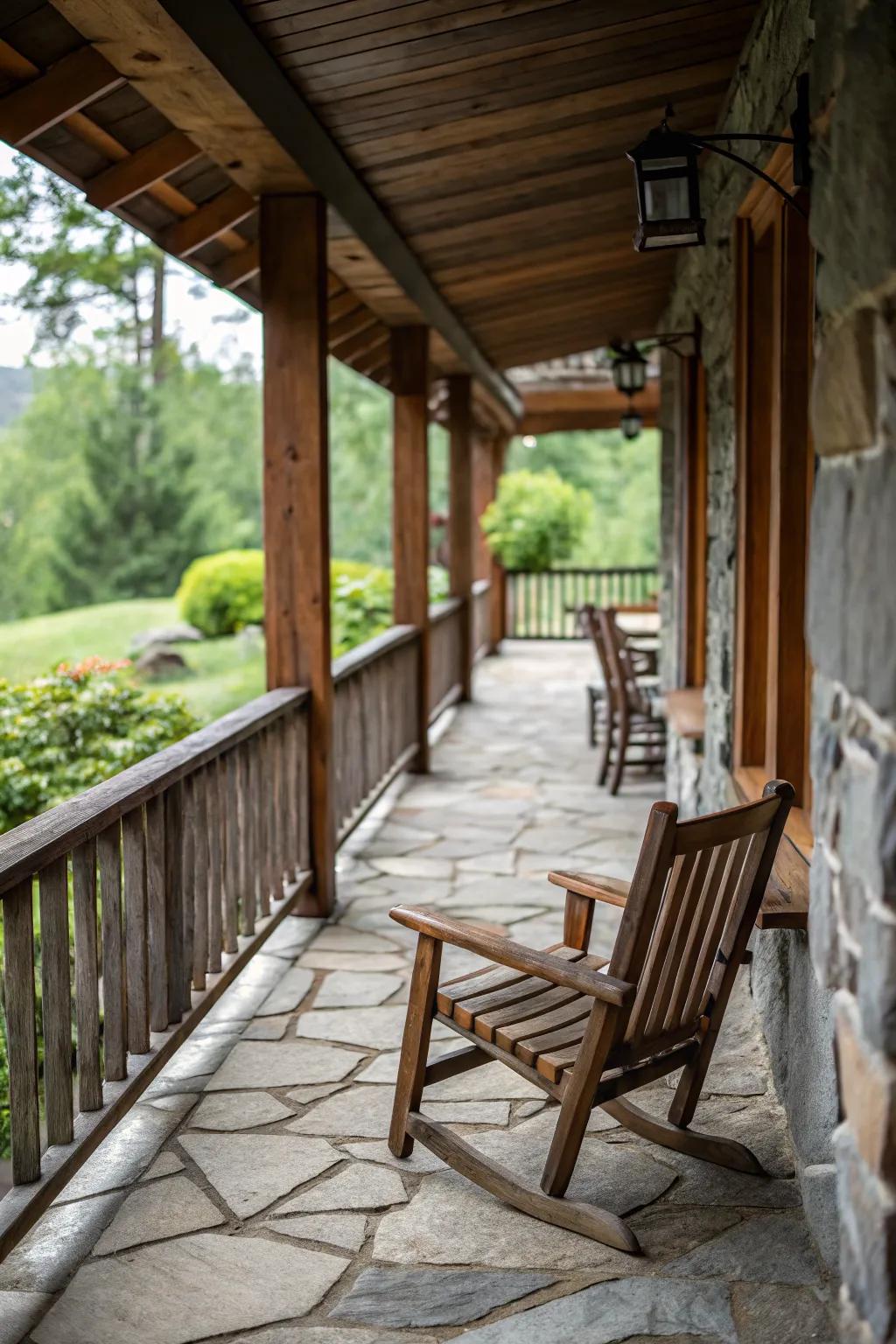 A veranda showcasing the beauty of natural wood and stone materials.