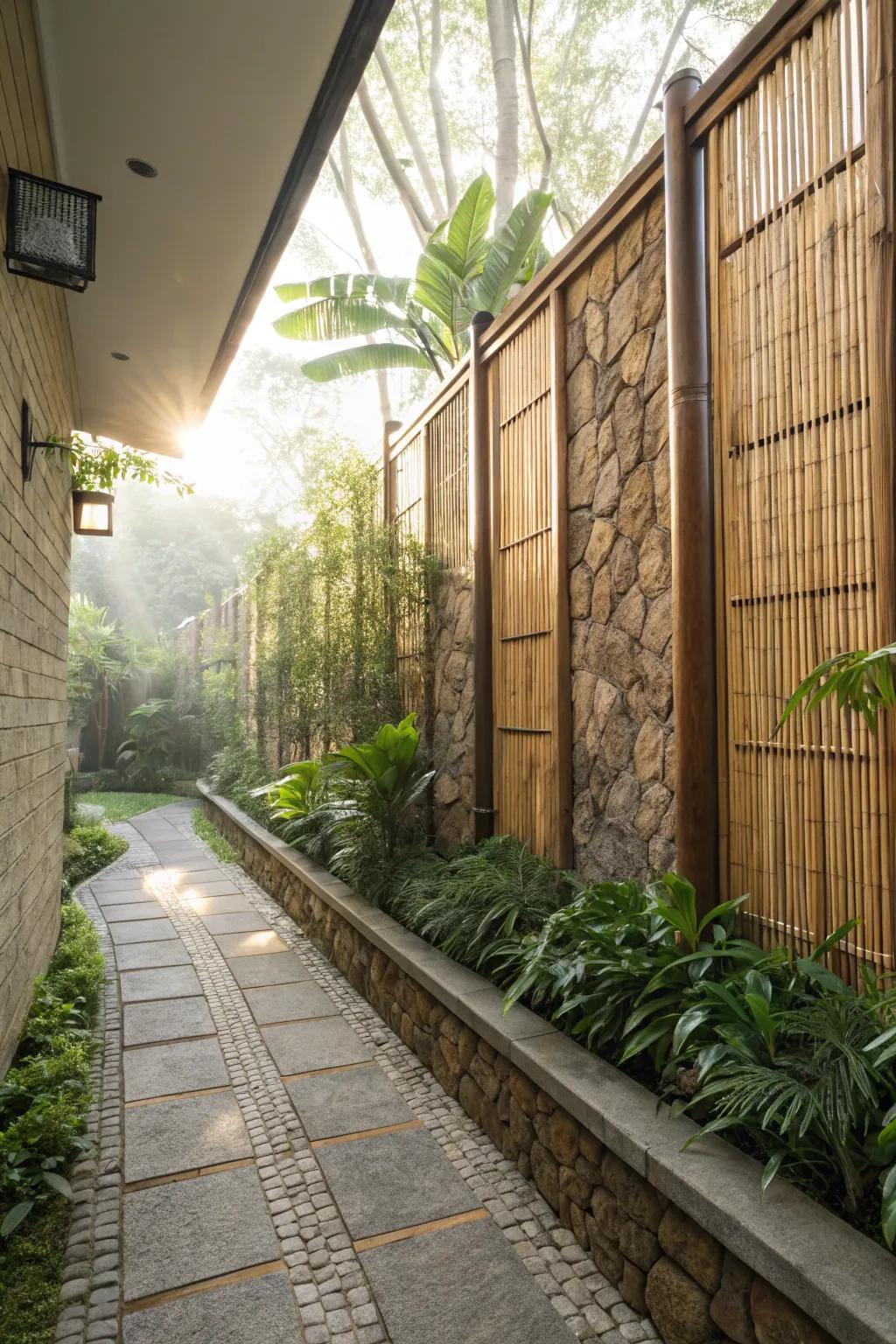 Bamboo screens offer a breezy, elegant touch to garden walls.