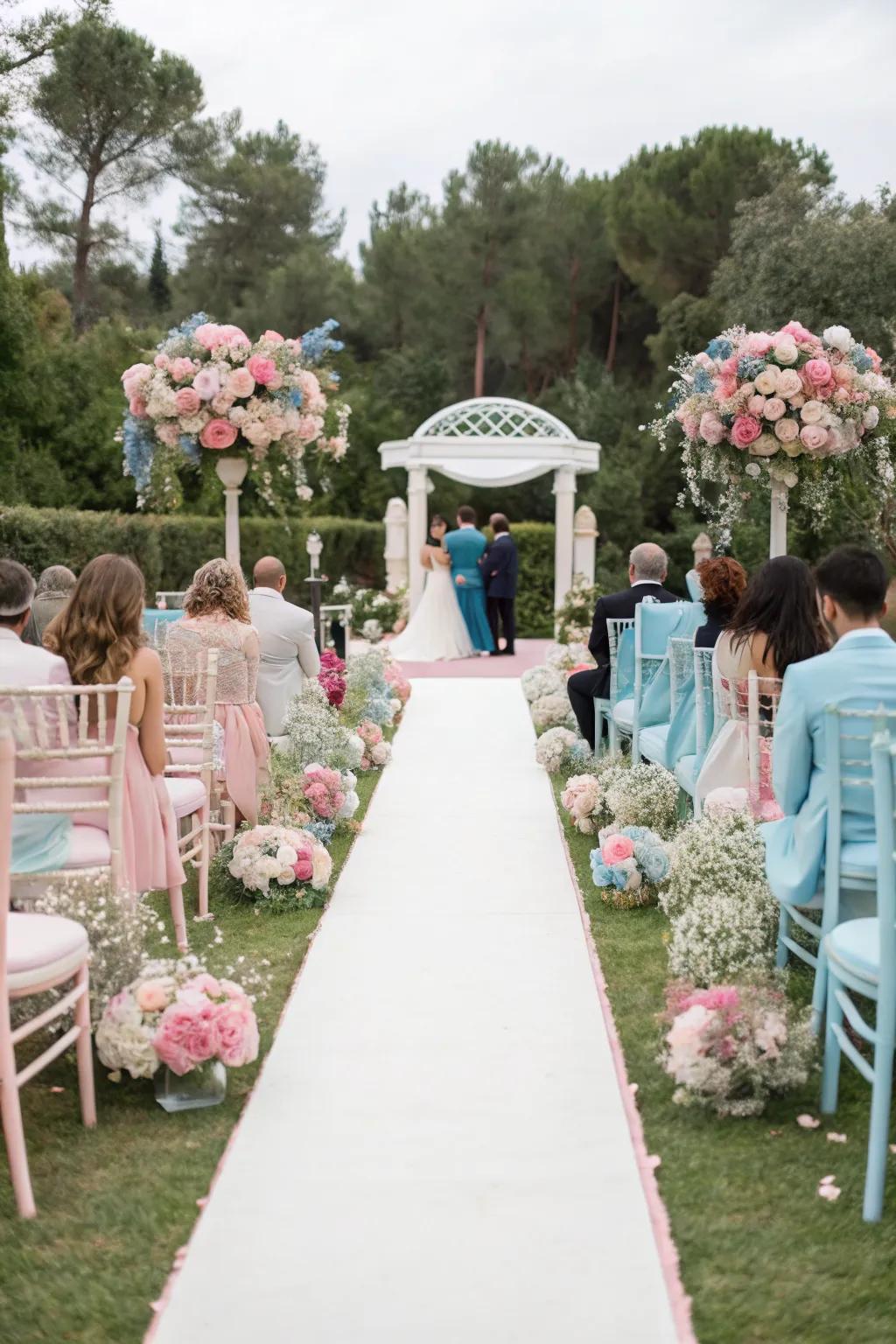 Elegant seating with pastel hues and floral accents.