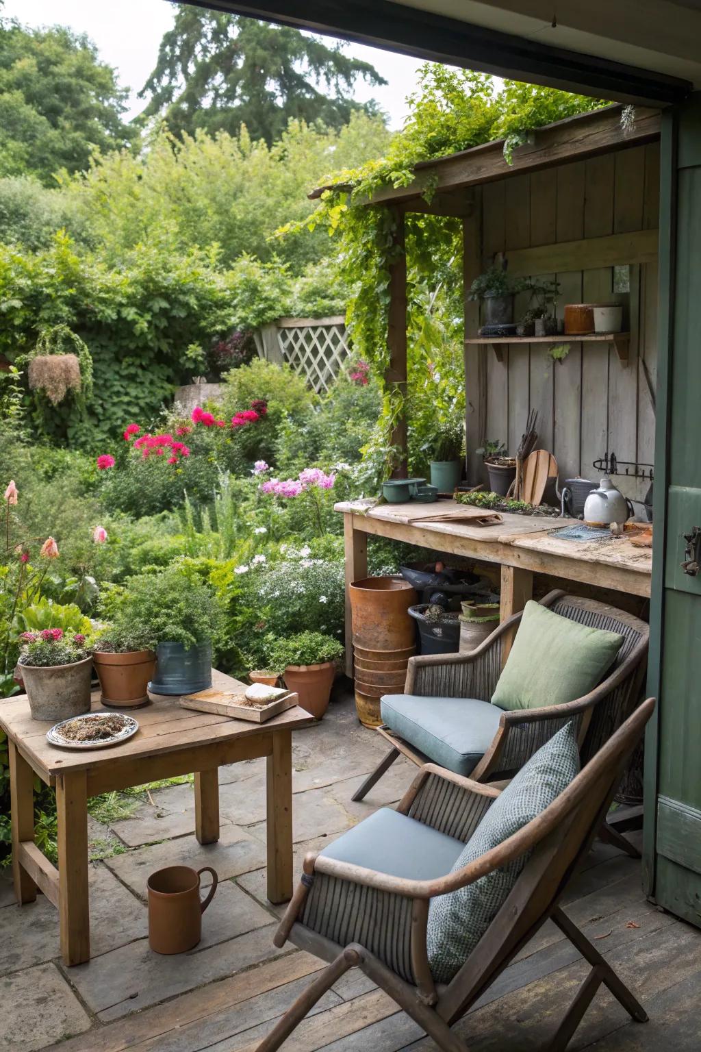 A multifunctional garden workshop with space for work and relaxation.