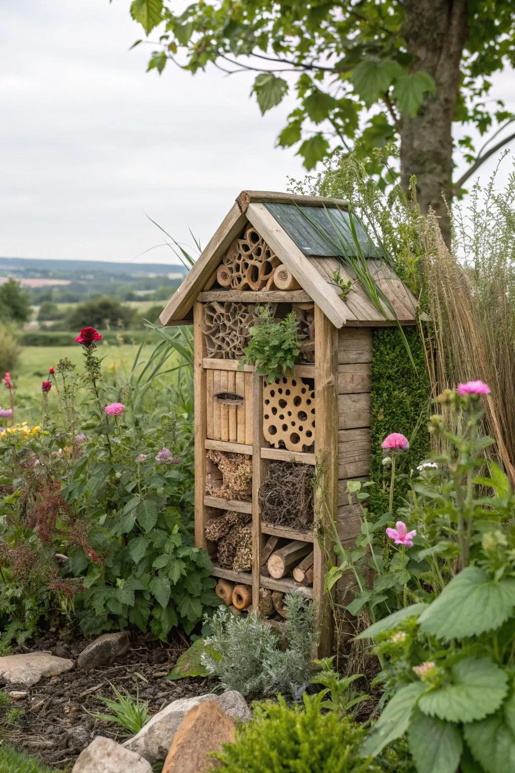 A charming bug hotel offering a home for garden-friendly insects.