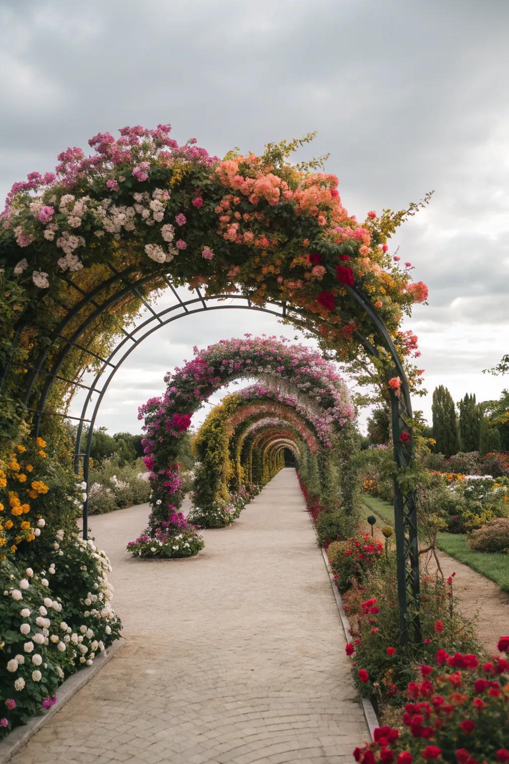A series of arbors creates a stunning floral tunnel that enchants every passerby.