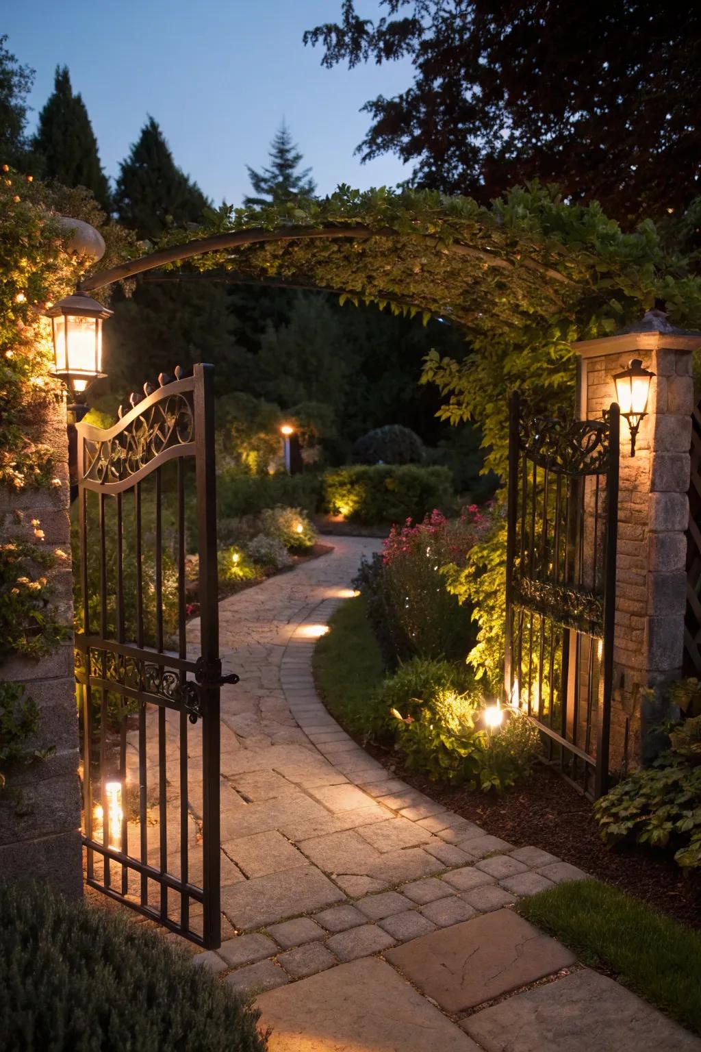 Integrated lighting enhances both gate and garden.