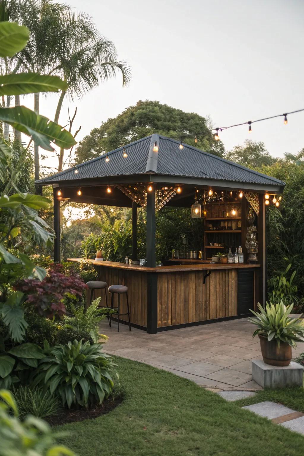 A garden oasis gazebo bar enveloped in greenery for a tranquil escape.