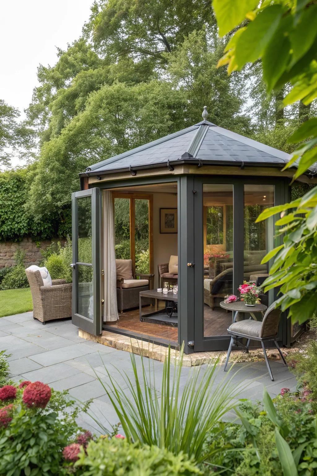Bi-fold doors provide a wide opening to the outdoors.