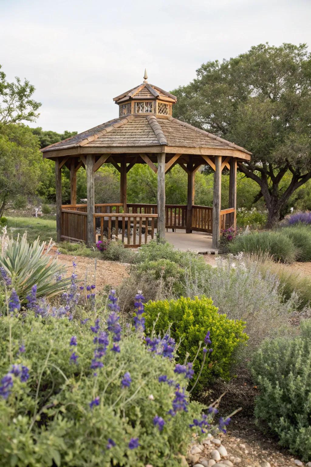A gazebo naturally integrated with native Texas plants.