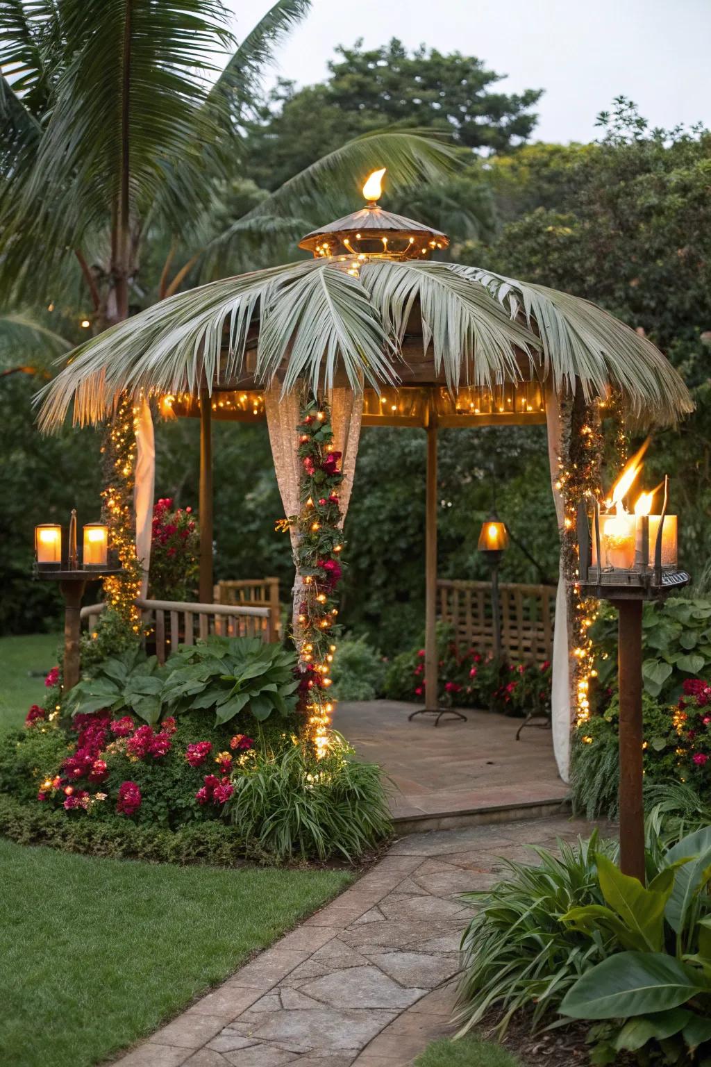 A gazebo transformed into a tropical paradise for a themed party.