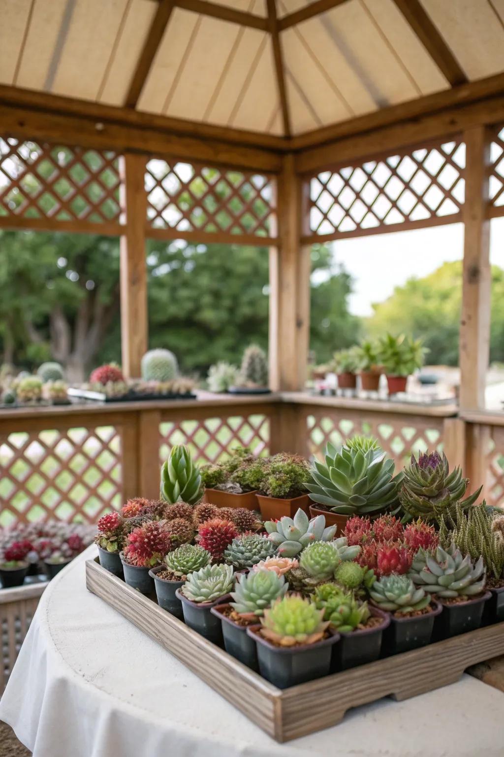 An eclectic mix of succulents adds a modern edge to this gazebo setting.