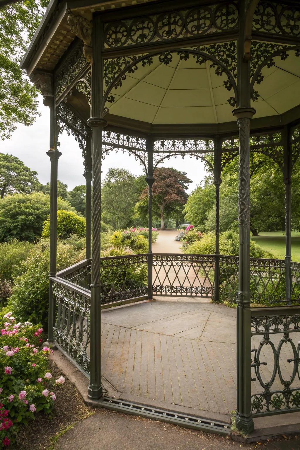 Artistic metal railings provide durability and style.