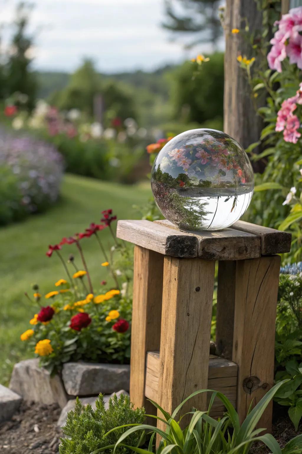 A rustic wooden stand adds warmth and character to the garden decor.
