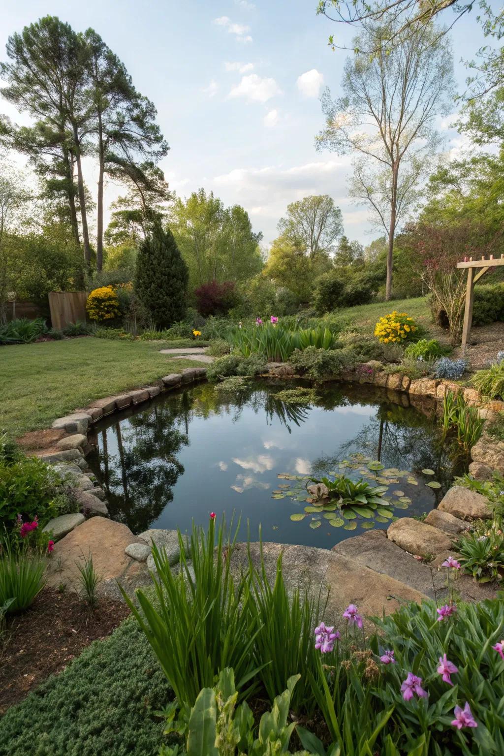 A small pond adds a soothing water element.