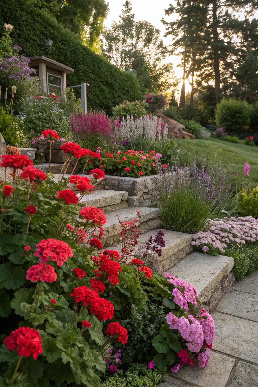A layered garden design with geraniums and taller plants.