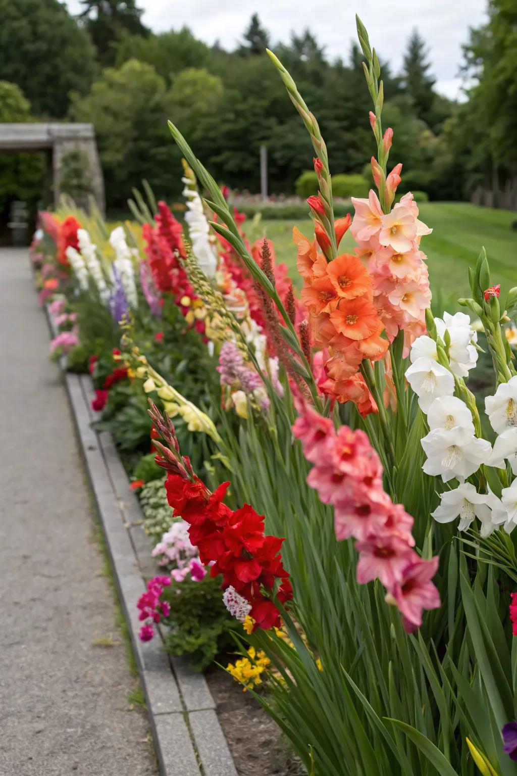 A vibrant display of gladiolus in multiple colors adds interest.