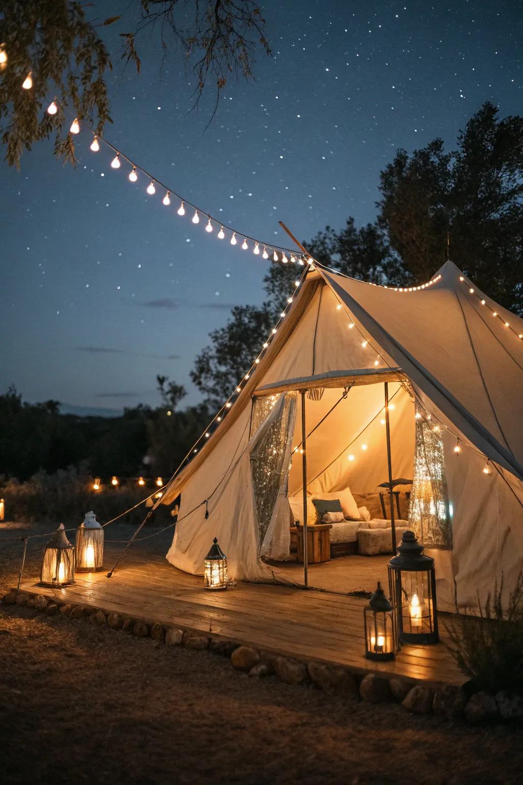 String lights and lanterns add a magical glow to your glamping setup.