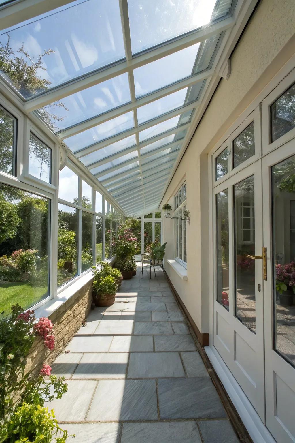 A glass porch featuring a protective yet airy glass canopy.